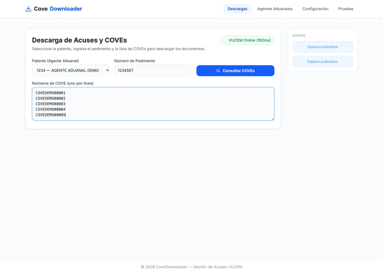 Formulario de consulta de COVEdownloader con datos de demostración