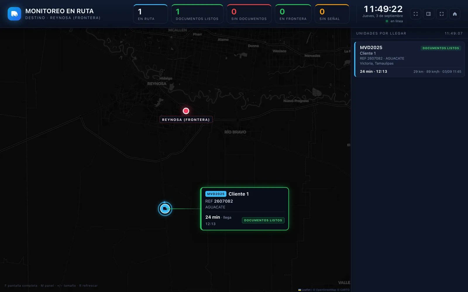 Pantalla de TrackingTruckBot con datos de demostración