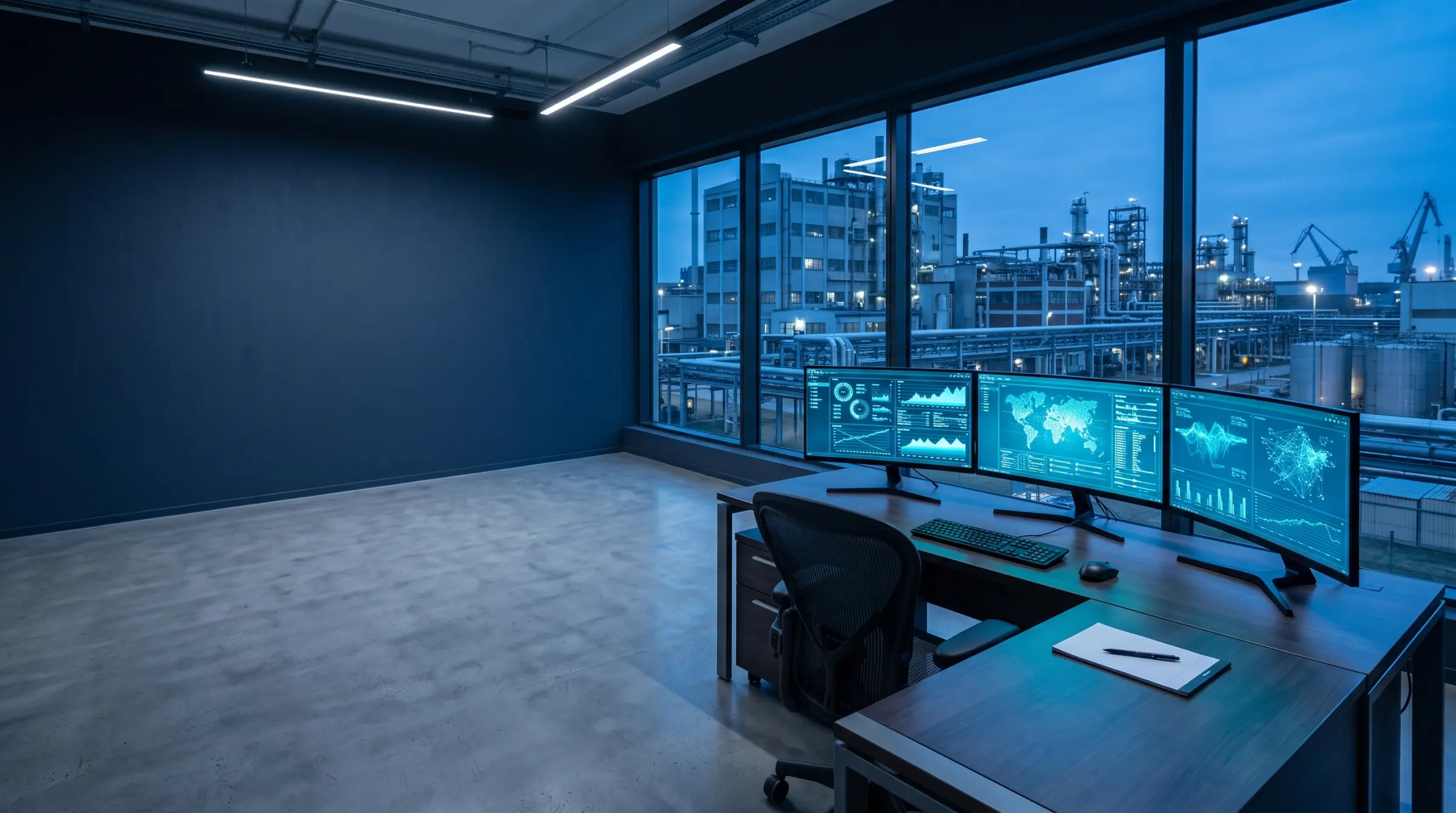 Espacio de trabajo de ingeniería con monitores de tablero frente a una planta industrial al anochecer