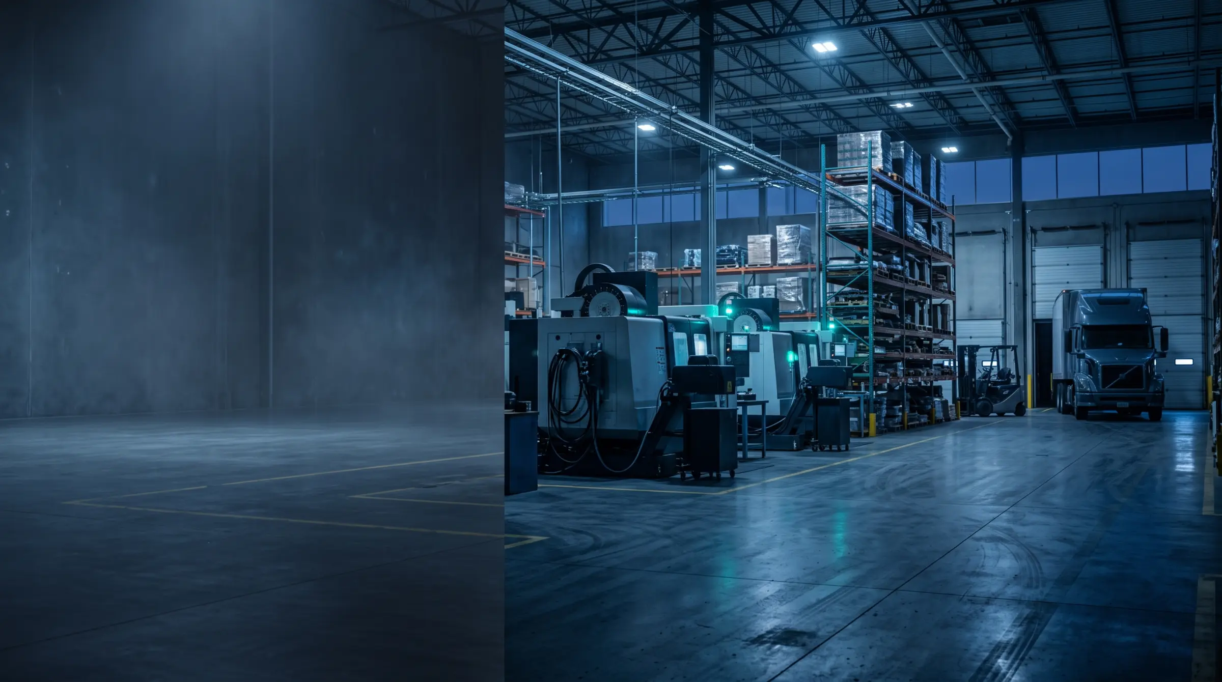 Nave industrial con maquinaria CNC, racks de almacén y andén de carga al anochecer