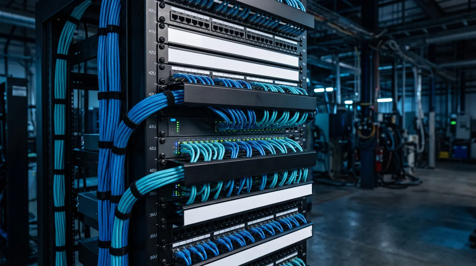 Rack de comunicaciones con cableado estructurado organizado y puertos etiquetados
